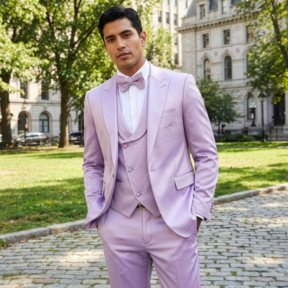 New 2026 Mens 3pc Solid Shiny Satin Lavender Suit Set, Skinny Fit